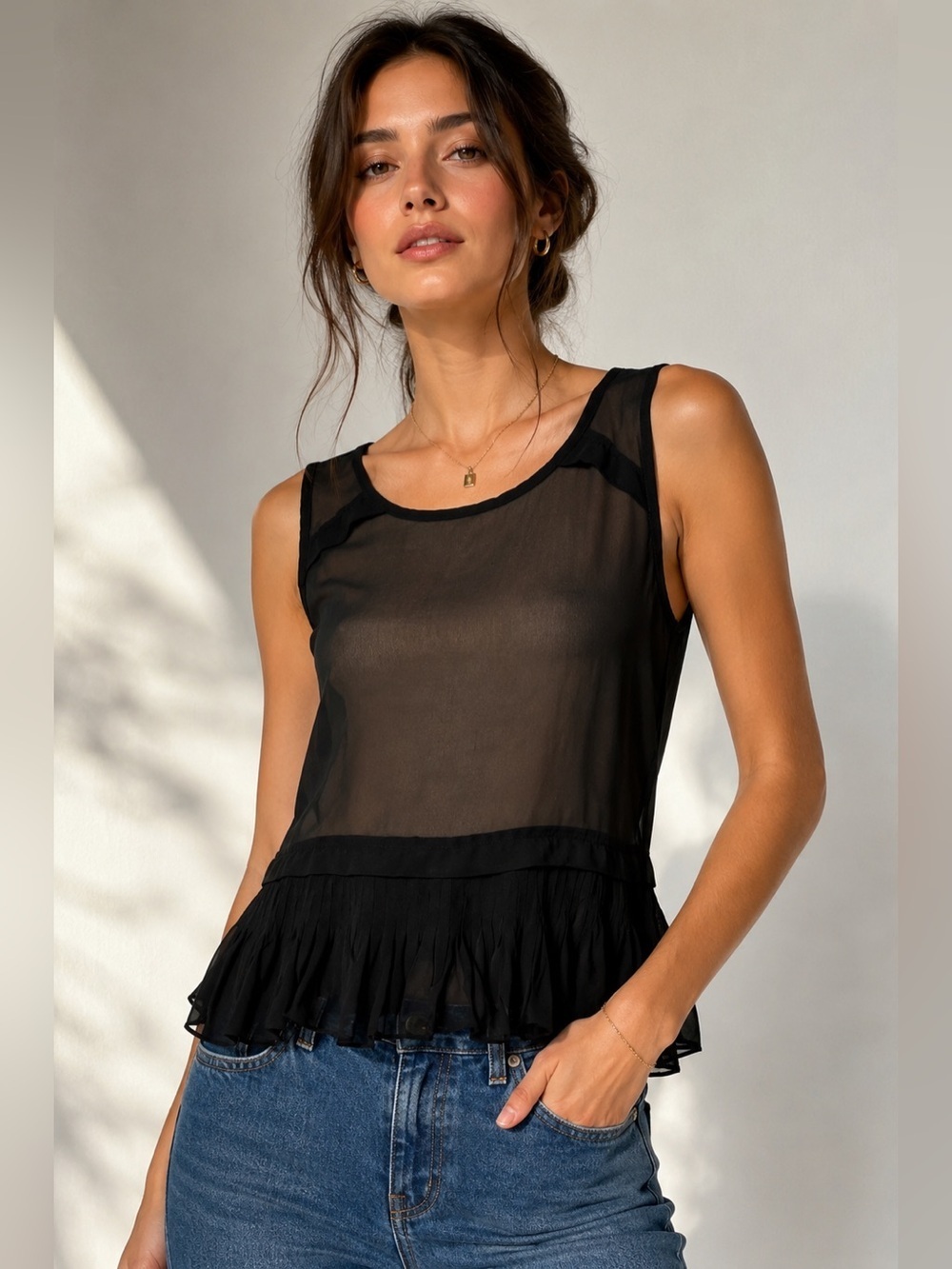 American Eagle Sheer Layered Peplum Tank Black Sleeveless Flowy Top S